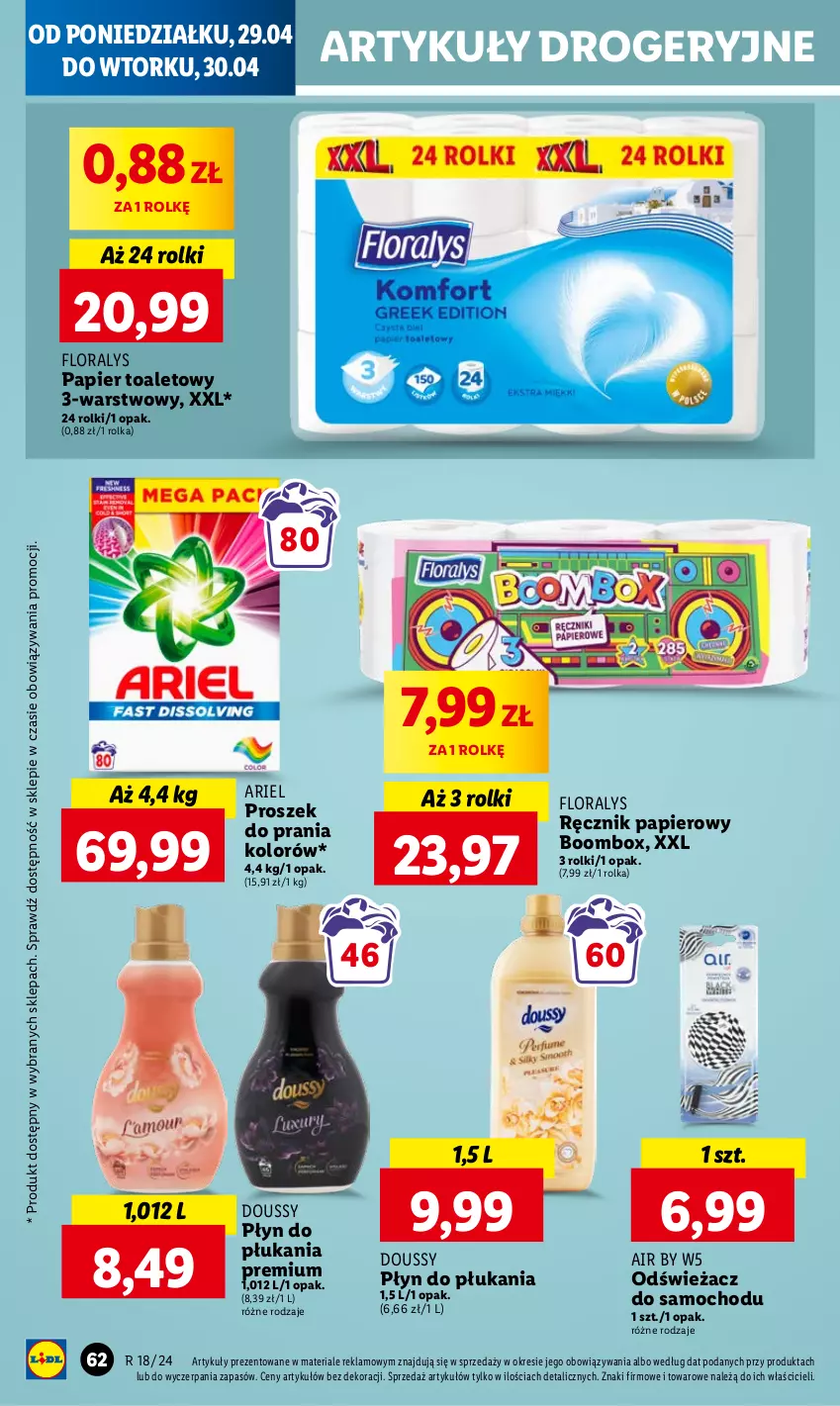 Gazetka promocyjna Lidl - GAZETKA - ważna 29.04 do 30.04.2024 - strona 70 - produkty: Ariel, Flora, Papier, Papier toaletowy, Płyn do płukania, Proszek do prania, Ręcznik, Rolki