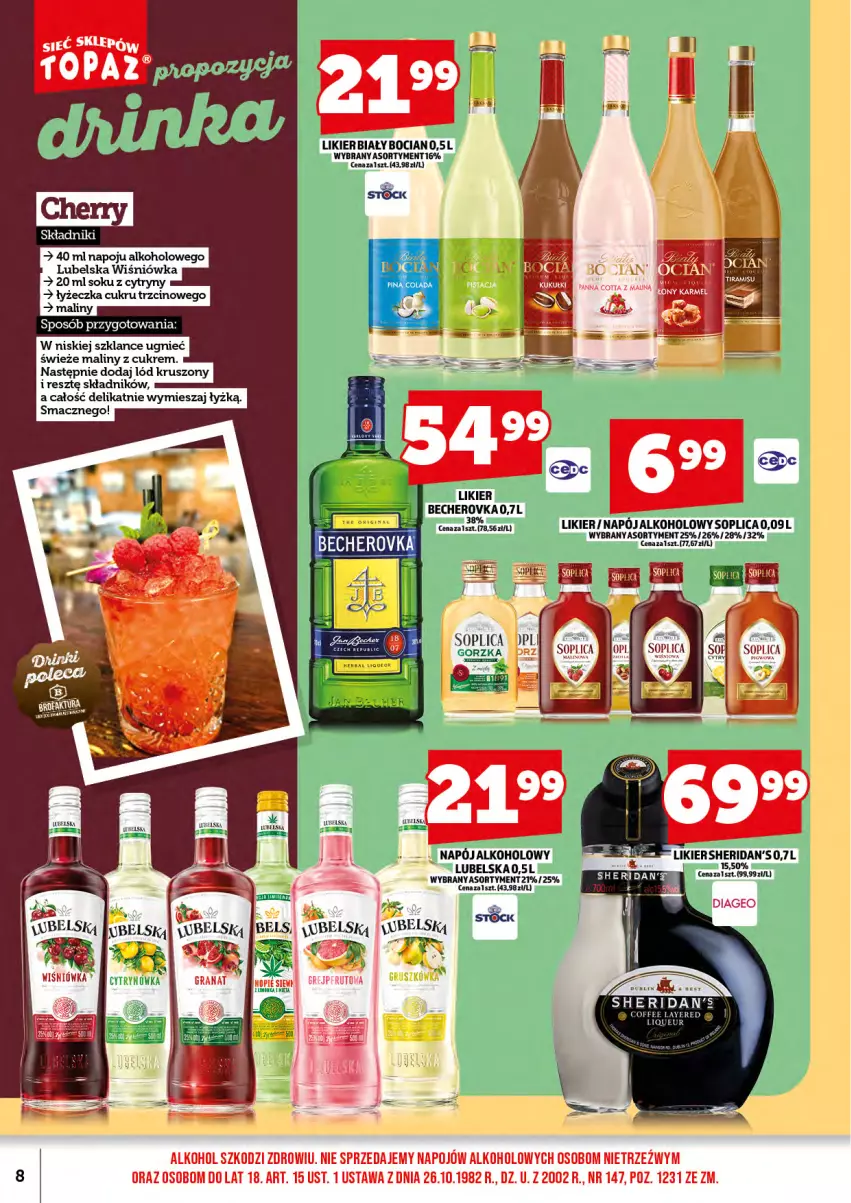 Gazetka promocyjna Topaz - Gazetka - ważna 02.06 do 30.06.2025 - strona 10 - produkty: Biały Bocian, Cytryny, Grejpfrut, Likier, Maliny, Napój, Sheridan's, Sok, Soplica, Stock