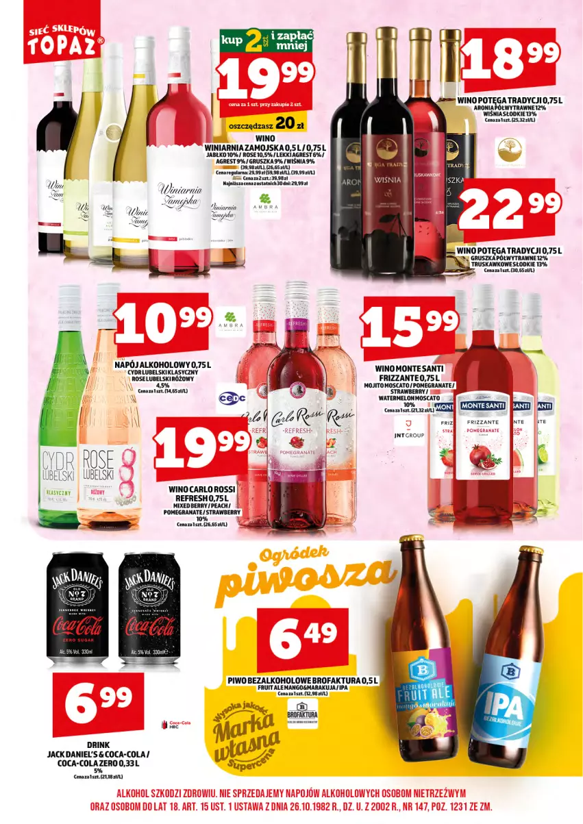Gazetka promocyjna Topaz - Gazetka - ważna 02.06 do 30.06.2025 - strona 14 - produkty: Aronia, Carlo Rossi, Coca-Cola, Fa, Gra, Granat, Gres, Jack Daniel's, Mango, Melon, Monte, Monte Santi, Napój, Piwo, Winiarnia Zamojska, Wino