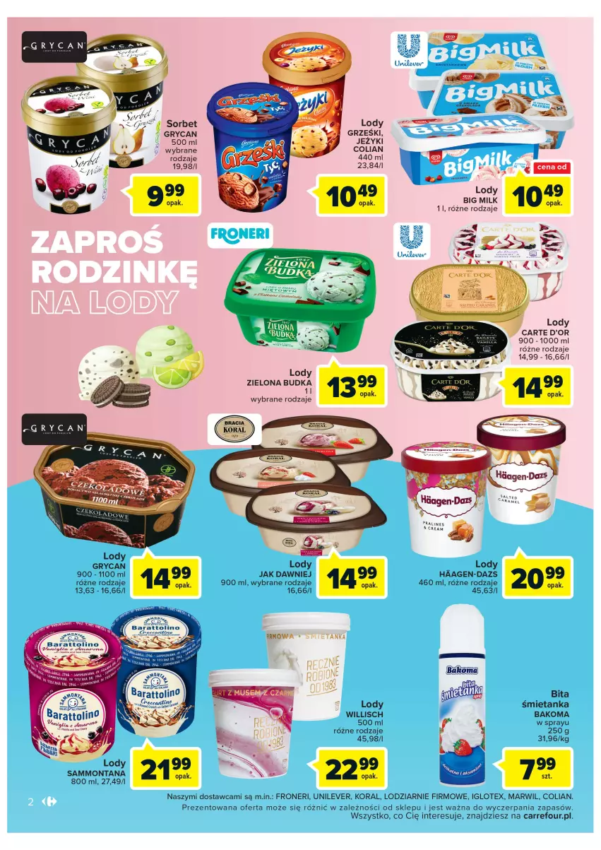 Gazetka promocyjna Carrefour - Gazetka Lodowe przyjemności - ważna 23.05 do 30.06.2022 - strona 2 - produkty: Bakoma, Big Milk, Carte d'Or, Gry, Lody, Zielona Budka