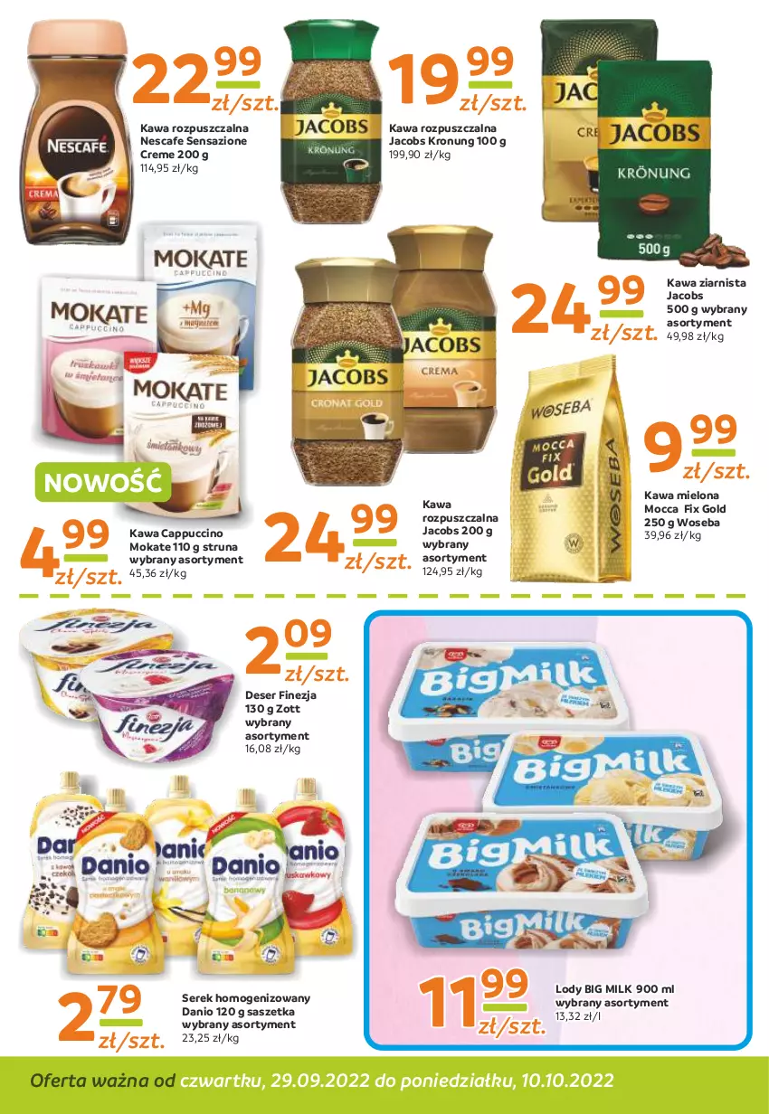 Gazetka promocyjna Gama - Gazetka Gama - ważna 10.10.2022 do 29.09.2023 - strona 6 - produkty: Big Milk, Cappuccino, Danio, Deser, Jacobs, Kawa, Kawa mielona, Kawa rozpuszczalna, Kawa ziarnista, Lody, Mocca Fix Gold, Ser, Serek, Serek homogenizowany, Woseba, Zott