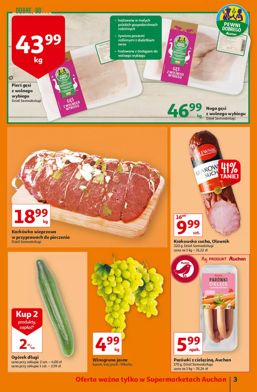 Gazetka promocyjna Auchan - Jesienne superokazje Supermarkety - ważna 04.11 do 10.11.2021 - strona 3 - produkty: Fa, Karkówka wieprzowa, Ogórek, Olewnik, Parówki, Piec, Ryż, Ser, Wino, Winogrona