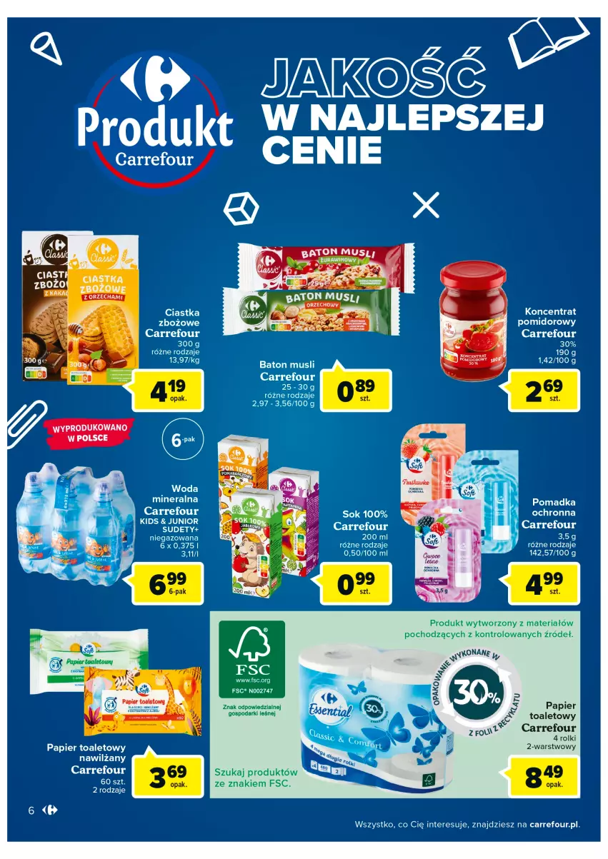 Gazetka promocyjna Carrefour - Gazetka Szalona 5 Carrefour Tarnów - ważna 16.08 do 28.08.2022 - strona 6 - produkty: Baton, Ciastka, Koncentrat pomidorowy, Mus, Papier, Papier toaletowy, Sok, Woda