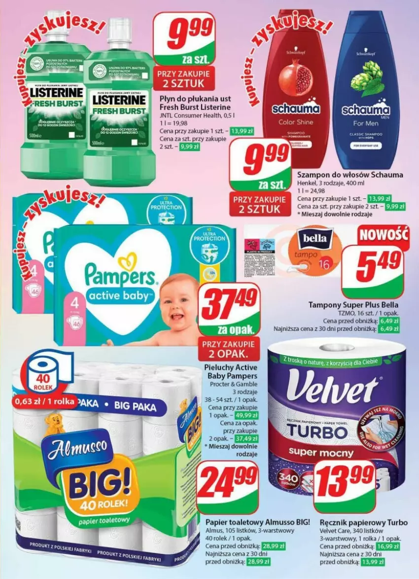 Gazetka promocyjna Dino - ważna 17.01 do 23.01.2024 - strona 49 - produkty: Bell, Bella, Listerine, Mus, Pampers, Papier, Papier toaletowy, Pieluchy, Płyn do płukania, Ręcznik, Schauma, Szampon, Tampony, Velvet