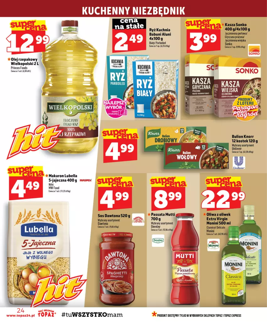 Gazetka promocyjna Topaz - Gazetka - ważna 27.08 do 02.09.2026 - strona 24 - produkty: Babuni, Bell, Bella, Bulion, Dawtona, Gin, Gry, Jaja, Kasza, Knorr, Kuchnia, Lion, Lubella, Makaron, Monini, Olej, Oliwa z oliwek, Ryż, Sonko, Sos, Stek, Top