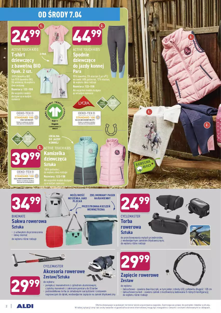 Gazetka promocyjna Aldi - Od Środy - ważna 07.04 do 10.04.2021 - strona 2 - produkty: Control, Kamizelka, Pasek, Plecak, Pompka, Por, Rower, Spodnie, T-shirt, Torba, Wełna