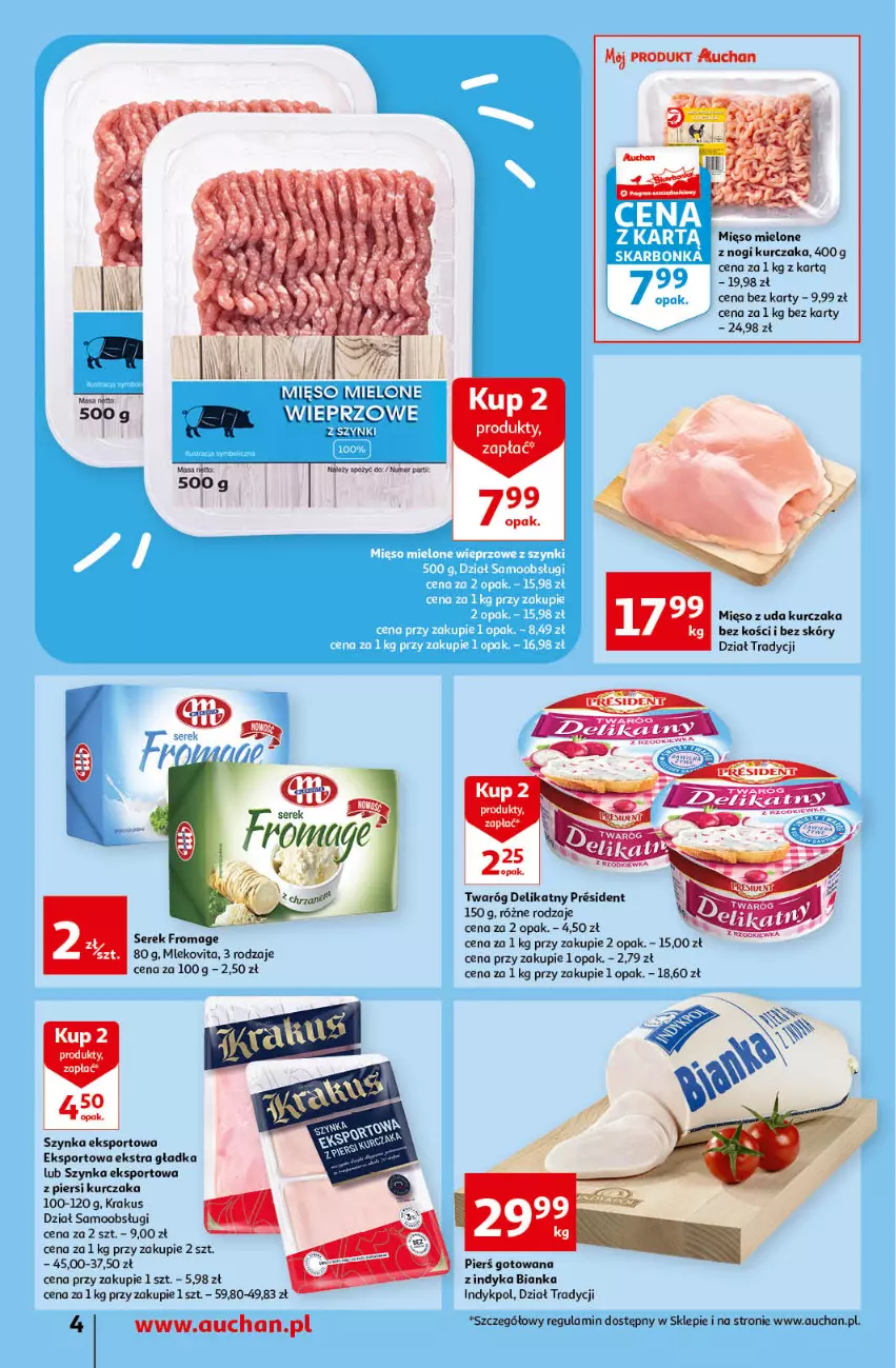 Gazetka promocyjna Auchan - Gazetka Rewelacyjnie małe ceny Auchan Supermarket - ważna 03.01 do 11.01.2023 - strona 4 - produkty: Bianka, Fa, Krakus, Kurczak, Mięso, Mięso mielone, Mięso z uda kurczaka, Mleko, Mlekovita, Por, Ser, Serek, Sport, Szynka, Twaróg, Twaróg delikatny