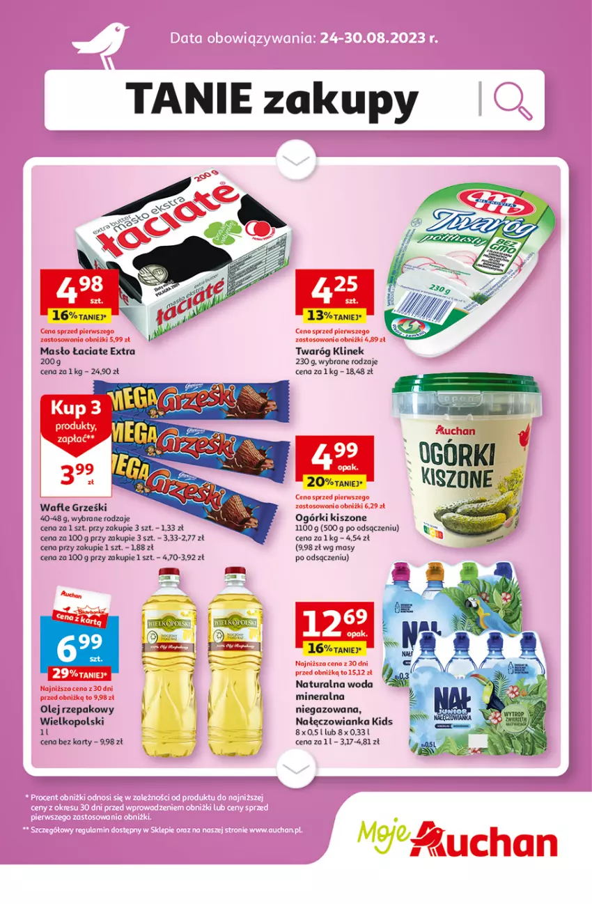 Gazetka promocyjna Auchan - Gazetka TANIE zakupy Moje Auchan - ważna 24.08 do 30.08.2023 - strona 1 - produkty: Grześki, Masło, Nałęczowianka, Olej, Olej rzepakowy, Twaróg, Wafle, Woda