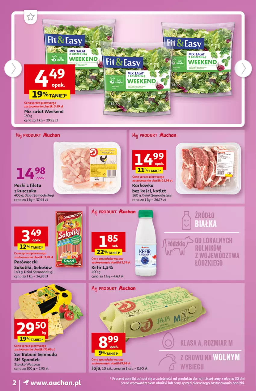 Gazetka promocyjna Auchan - Gazetka TANIE zakupy Moje Auchan - ważna 24.08 do 30.08.2023 - strona 2 - produkty: Babuni, Jaja, Kefir, Kotlet, Kurczak, Sałat, Ser, Sok, Sokołów