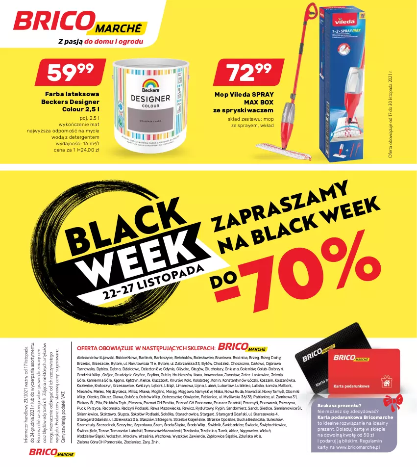 Gazetka promocyjna Bricomarche - Gazetka - ważna 17.11 do 24.12.2021 - strona 24 - produkty: Beckers, BIC, Designer Colour, Fa, Farba lateksowa, Gry, Kosz, Kujawski, Lack, Mop, Namysłów, Podlaski, Por, Rama, Sok, Sokół, Sokołów, Sól, Szal, Szprot, Top, Vileda, Wino