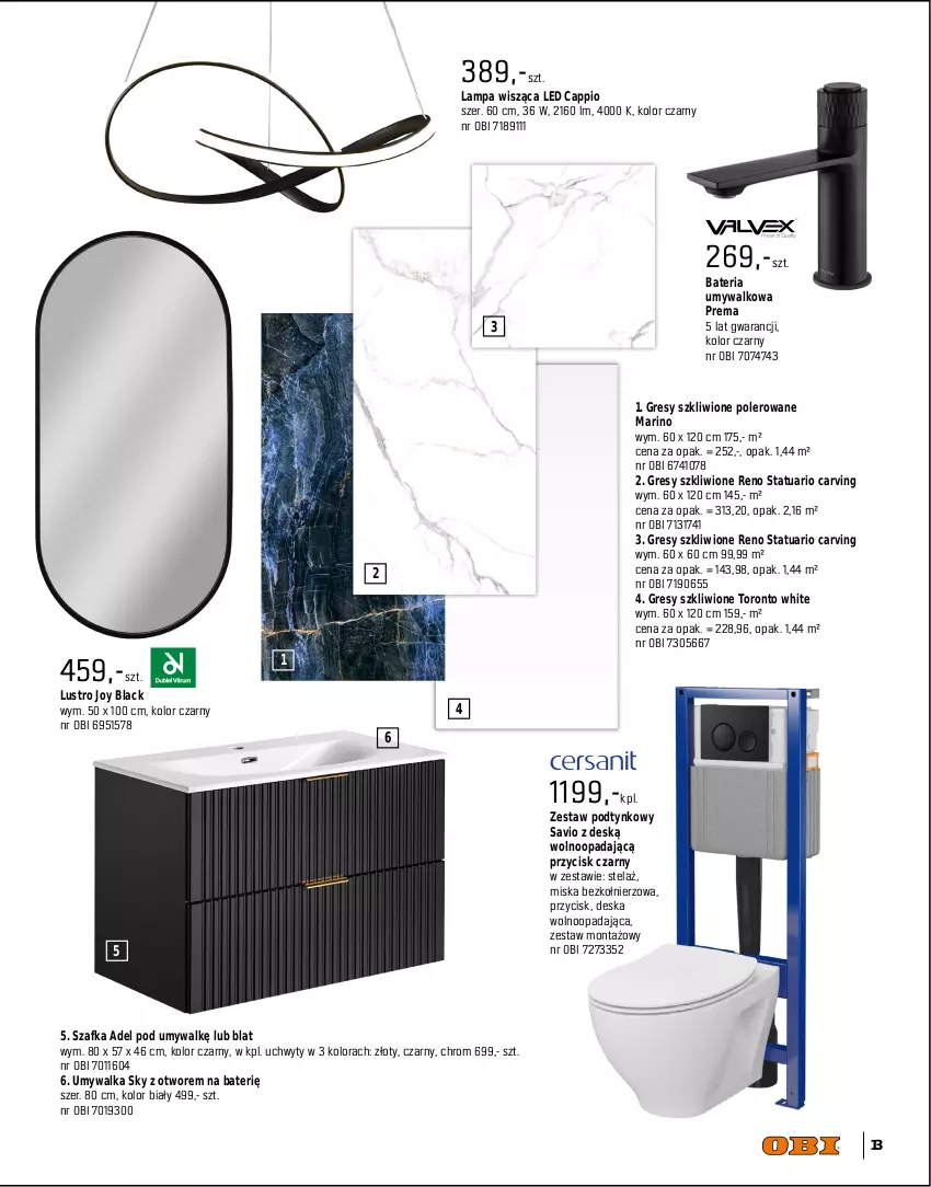 Gazetka promocyjna Obi - Gazetka OBI - ważna 01.09 do 31.12.2025 - strona 13 - produkty: Bateria, Bateria umywalkowa, Deska wolnoopadająca, Gra, Gres, Kabina prysznicowa, Lack, Lampa, Lampa wisząca, Lustro, Miska, Szafka, Uchwyty, Umywalka
