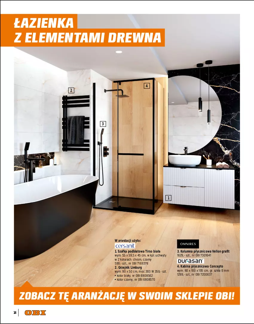 Gazetka promocyjna Obi - Gazetka OBI - ważna 01.09 do 31.12.2025 - strona 14 - produkty: Bateria, Bateria umywalkowa, Bateria wannowa, Gra, Gres, Grzejnik, Kabina prysznicowa, Lack, Lampa, Lampa wisząca, Lustro, Sok, Szafka, Uchwyty, Umywalka, Wanna