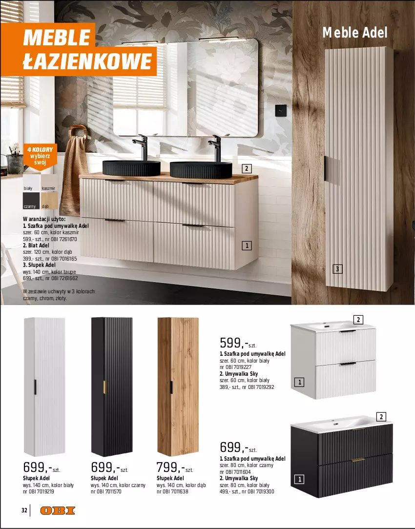 Gazetka promocyjna Obi - Gazetka OBI - ważna 01.09 do 31.12.2025 - strona 32 - produkty: Fa, Kosz, Lustro, Meble, Meble łazienkowe, Mop, Słupek, Szafka, Szafka pod umywalkę, Uchwyty, Umywalka