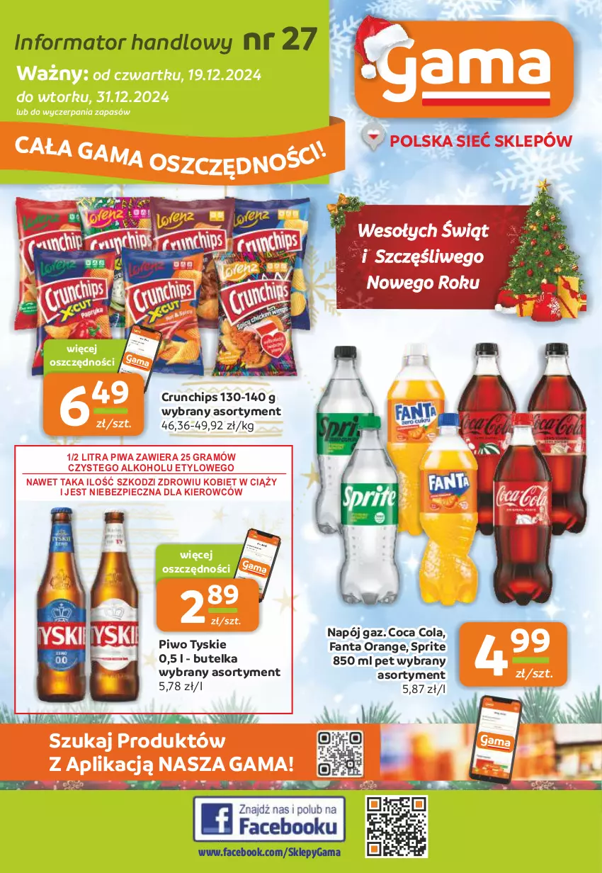 Gazetka promocyjna Gama - Gazetka Gama - ważna 19.12 do 31.12.2024 - strona 1 - produkty: Crunchips, Fa, Fanta, Gra, Napój, Piec, Piwa, Piwo, Sprite, Tyskie