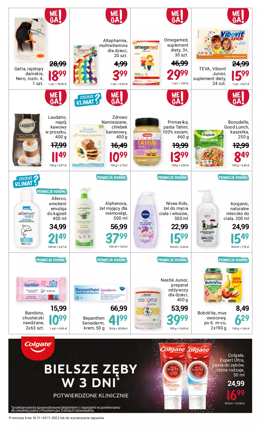 Gazetka promocyjna Rossmann - 16 listopada - ważna 16.11 do 30.11.2022 - strona 18 - produkty: Bepanthen, BoboVita, Chleb, Chusteczki, Colgate, Dell, Dzieci, Emulsja, Emulsja do kąpieli, Gatta, Kaszetka, LG, Mleczko, Mleczko do ciała, Mus, Napój, Nestlé, Nivea, Pasta do zębów, Prima, Primavika, Rajstopy, Sezam, Suplement diety, Teva, Top