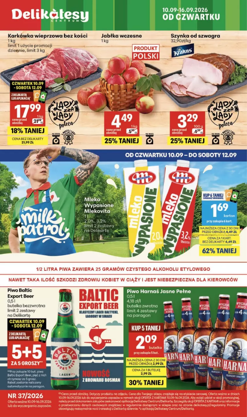 Gazetka promocyjna Delikatesy Centrum - Franczyza DC37 Czwartek - ważna 10.09 do 16.09.2026 - strona 1 - produkty: Fa, Gra, Harnaś, Jabłka, Karkówka wieprzowa, Mleko, Mlekovita, Piwa, Piwo, Por, Szynka