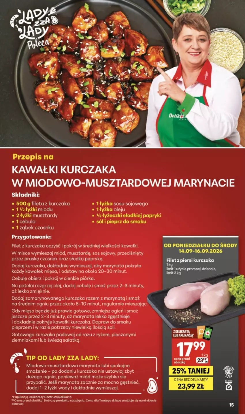 Gazetka promocyjna Delikatesy Centrum - Franczyza DC37 Czwartek - ważna 10.09 do 16.09.2026 - strona 15 - produkty: Cebula, Czosnek, Kawa, Kurczak, Mięso, Miód, Mus, Nuty, Olej, Piec, Pieprz, Ryż, Sałat, Sól, Sos, Sos sojowy, Wałek