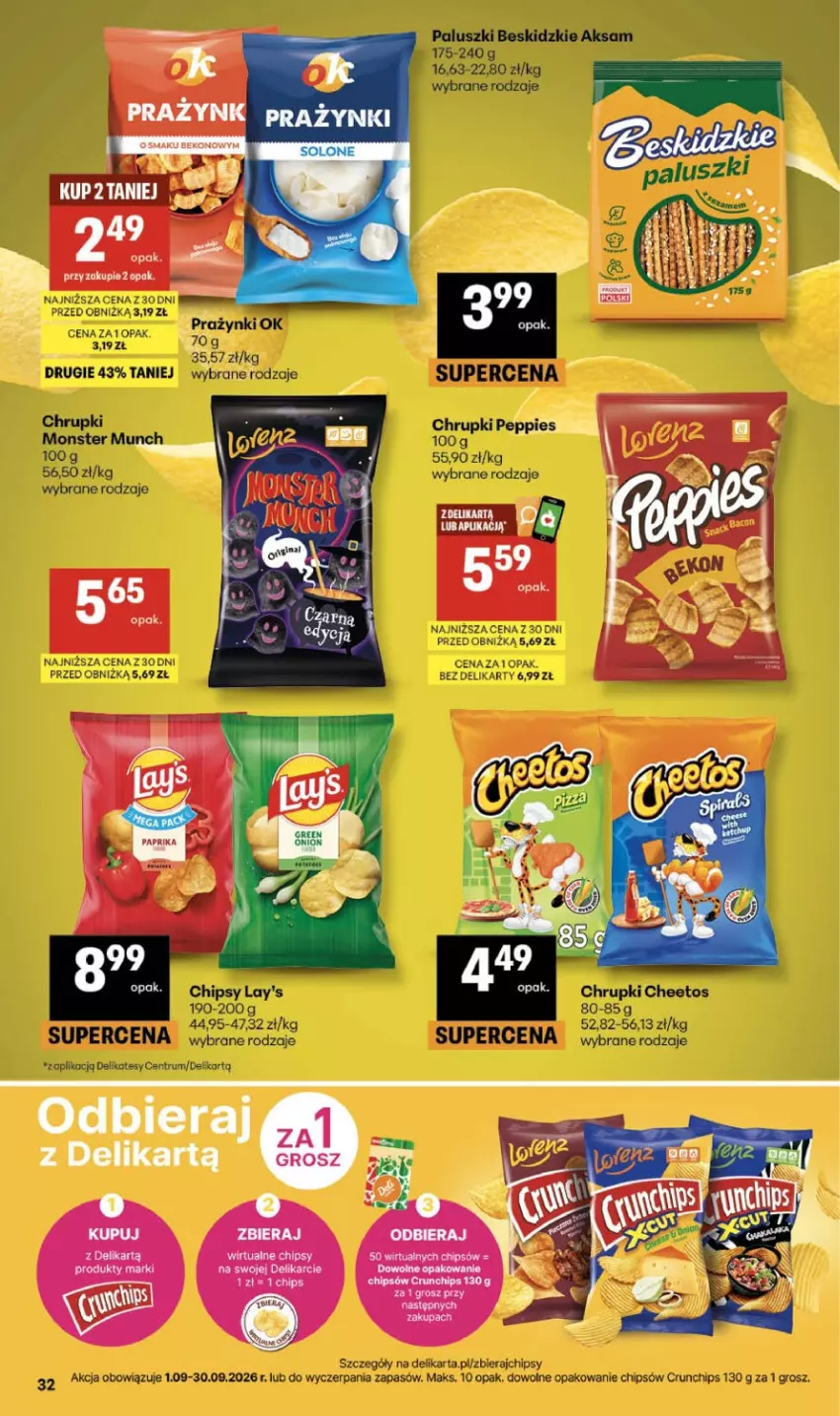 Gazetka promocyjna Delikatesy Centrum - Franczyza DC37 Czwartek - ważna 10.09 do 16.09.2026 - strona 32 - produkty: Aksam, Beskidzki, Cheetos, Chipsy, Chrupki, Crunchips, Monster Munch, Rum