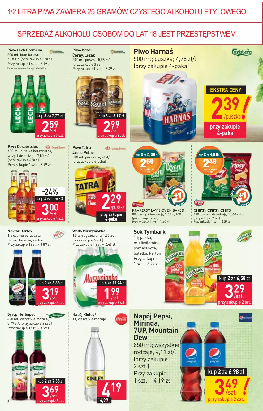 Gazetka promocyjna Stokrotka - Market - ważna 15.07 do 21.07.2021 - strona 6 - produkty: 7up, Chipsy, Desperados, Gra, Harnaś, Herbapol, Hortex, Kozel, Krakersy, Lay’s, Lech Premium, Mirinda, Mus, Muszynianka, Napój, Nektar, Pepsi, Piwa, Piwo, Por, Sok, Syrop, Tatra, Tymbark, Woda