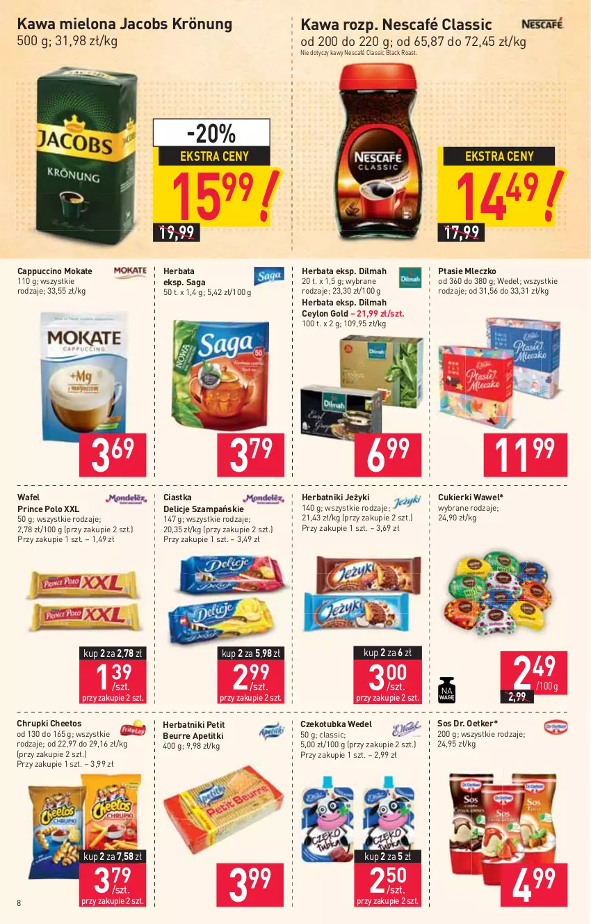 Gazetka promocyjna Stokrotka - Market - ważna 15.07 do 21.07.2021 - strona 8 - produkty: Cappuccino, Cheetos, Chrupki, Ciastka, Cukier, Cukierki, Delicje, Dilmah, Dr. Oetker, Herbata, Herbatniki, Herbatniki Petit Beurre, Jacobs, Jacobs Krönung, Jeżyki, Kawa, Kawa mielona, Lack, Mleczko, Nescafé, Prince Polo, Ptasie mleczko, Saga, Sos, Wawel