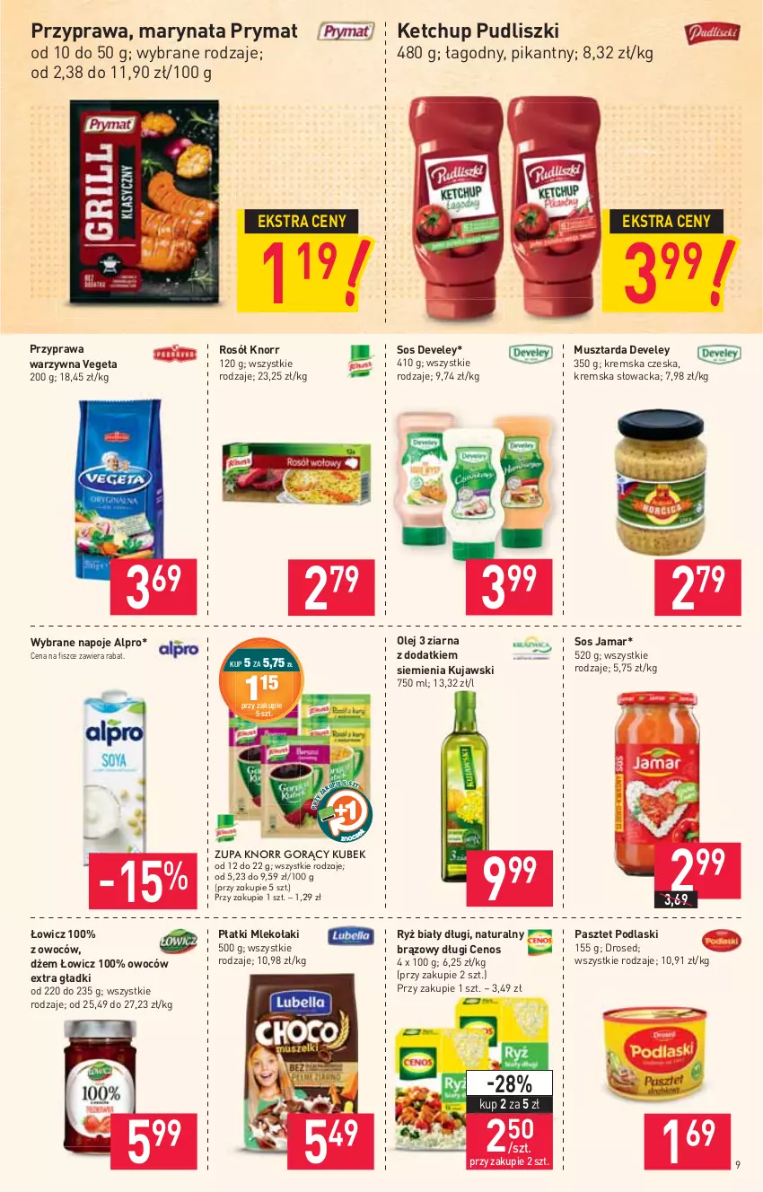 Gazetka promocyjna Stokrotka - Market - ważna 15.07 do 21.07.2021 - strona 9 - produkty: Alpro, Cenos, Dżem, Ketchup, Knorr, Kujawski, Mleko, Mus, Musztarda, Napoje, Olej, Pasztet, Podlaski, Prymat, Pudliszki, Rosół, Ryż, Ryż biały, Sos, Vegeta