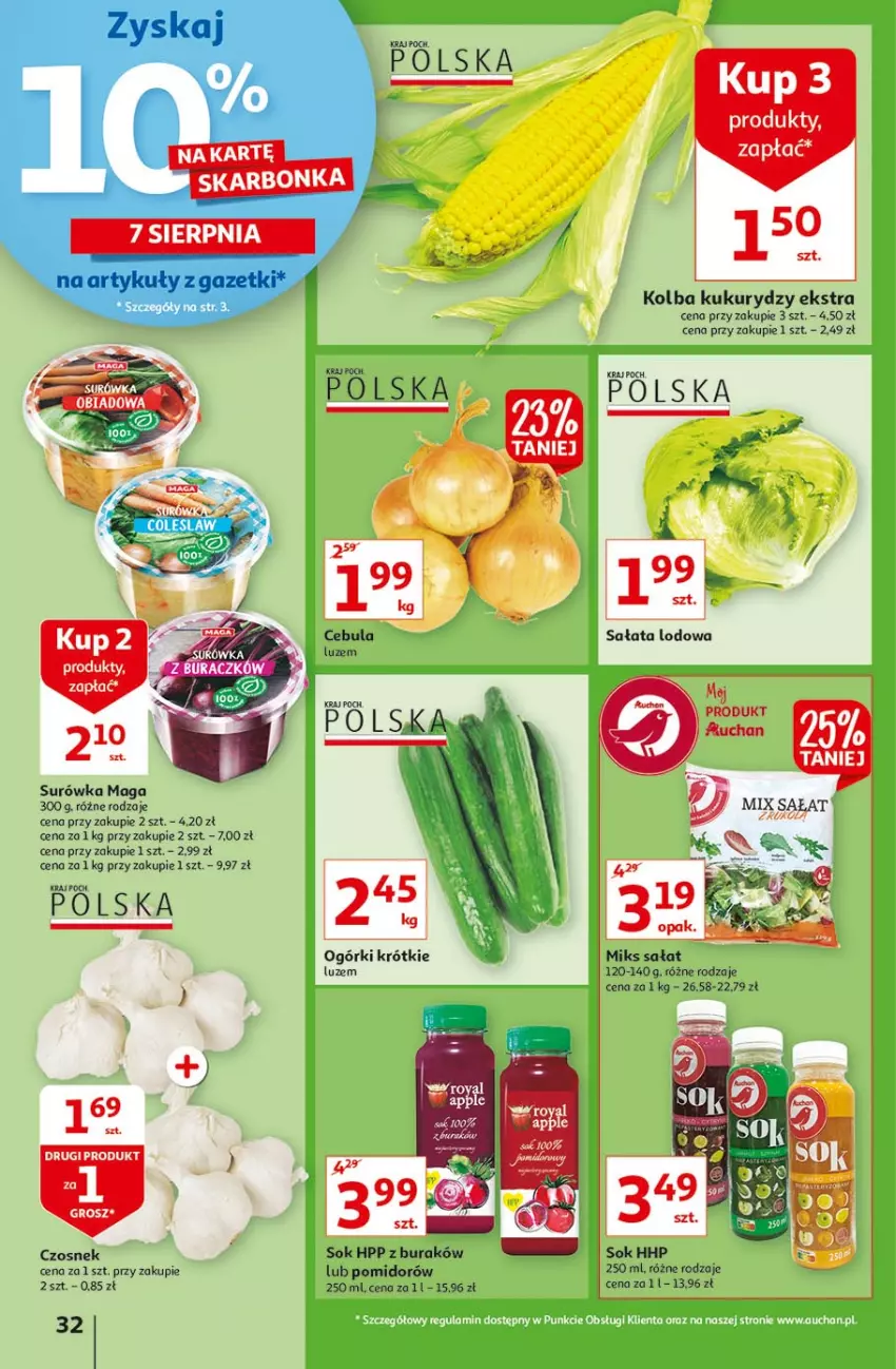 Gazetka promocyjna Auchan - Rysuje się kolorowy powrót do szkoły Hipermarkety - ważna 05.08 do 11.08.2021 - strona 32 - produkty: Cebula, Czosnek, HP, Sałat, Sałata lodowa, Sok, Surówka