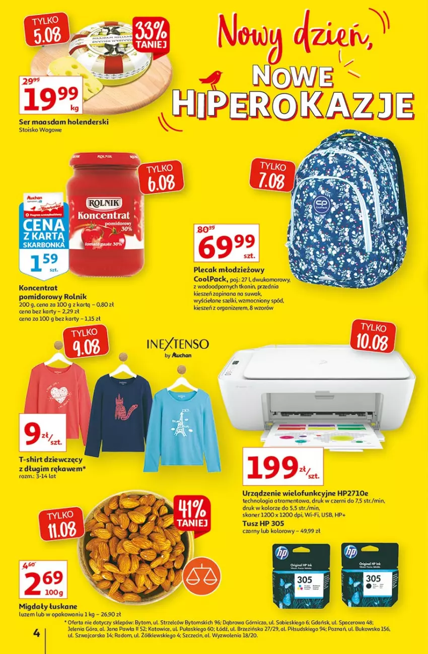 Gazetka promocyjna Auchan - Rysuje się kolorowy powrót do szkoły Hipermarkety - ważna 05.08 do 11.08.2021 - strona 4 - produkty: Acer, Cars, HP, Maasdam, Migdały, Migdały łuskane, Organizer, Plecak, Por, Rolnik, Ser, Skaner, T-shirt, Tusz, Urządzenie wielofunkcyjne