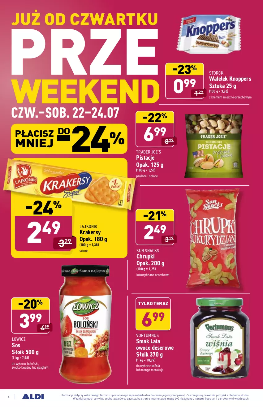 Gazetka promocyjna Aldi - PROMOCJE NA WEEKEND - ważna 22.07 do 24.07.2021 - strona 4 - produkty: Chrupki, Deser, Knoppers, Krakersy, Lajkonik, Mango, Owoce, Pistacje, Ser, Sos, Spaghetti, Tera, Wafelek