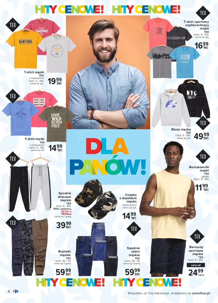 Gazetka promocyjna Carrefour - Gazetka Hity cenowe - ważna 19.04 do 30.04.2021 - strona 6 - produkty: Bermudy, Bluza, Czapka, Dres, Por, Spodnie, Spodnie dresowe, Spodnie jeans, Sport, T-shirt