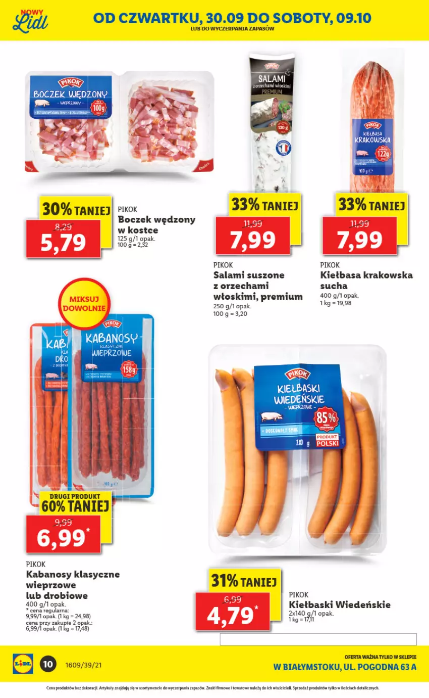 Gazetka promocyjna Lidl - Ponowne otwarcie Lidla - ważna 04.10 do 09.10.2021 - strona 10 - produkty: Boczek, Kabanos, Kiełbasa, Kiełbasa krakowska, PIKOK, Salami