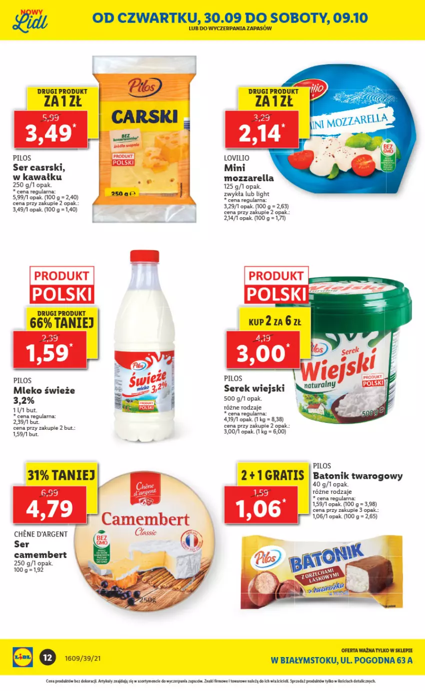 Gazetka promocyjna Lidl - Ponowne otwarcie Lidla - ważna 04.10 do 09.10.2021 - strona 12 - produkty: Baton, Batonik twarogowy, Camembert, Gra, Kawa, Lovi, Mleko, Mozzarella, Pilos, Ser, Serek, Serek wiejski, Tonik