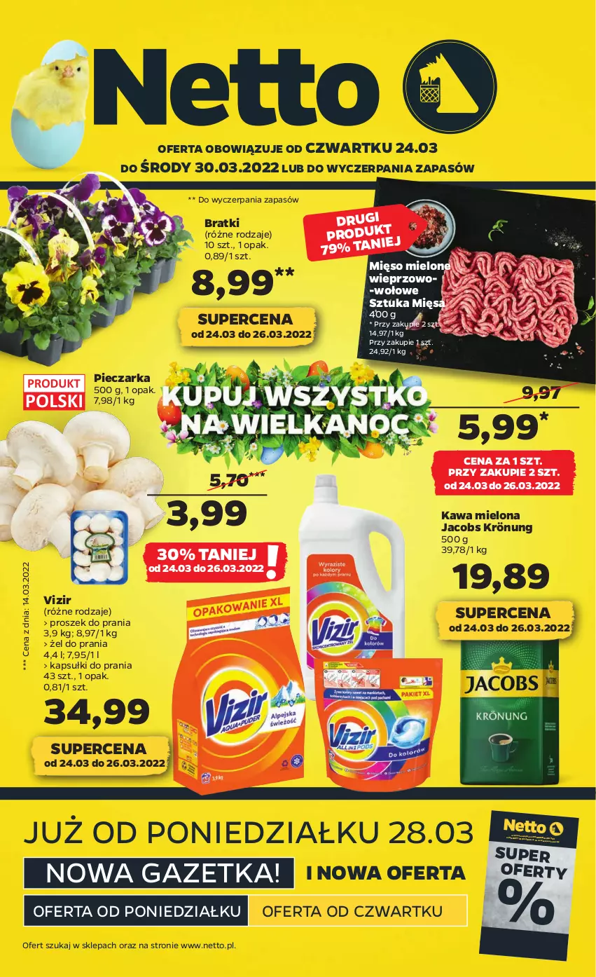 Gazetka promocyjna Netto - Gazetka spożywcza 24.03-30.03 - ważna 24.03 do 30.03.2022 - strona 1 - produkty: Jacobs, Jacobs Krönung, Kapsułki do prania, Kawa, Kawa mielona, Mięso, Mięso mielone, Piec, Pieczarka, Proszek do prania, Vizir