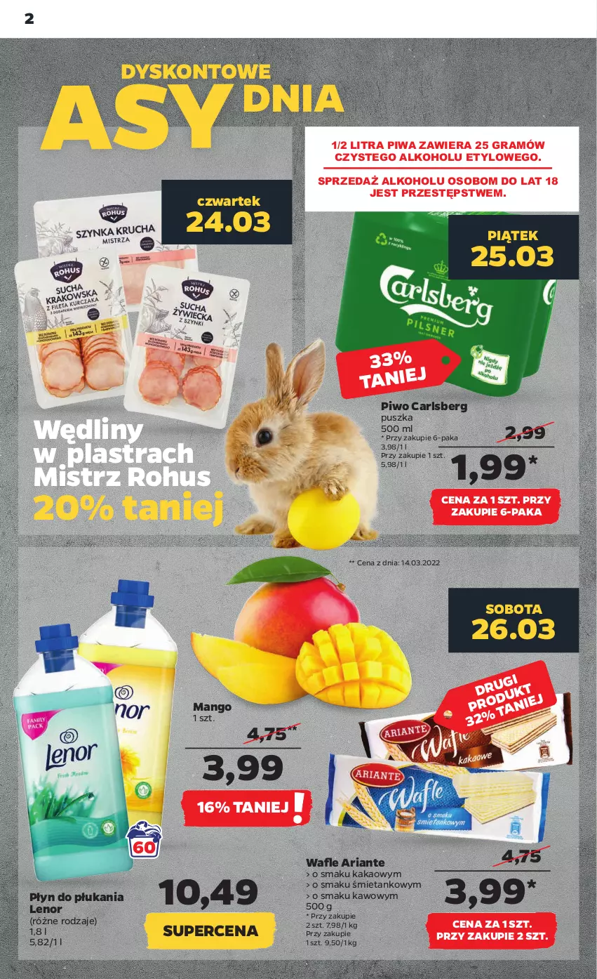 Gazetka promocyjna Netto - Gazetka spożywcza 24.03-30.03 - ważna 24.03 do 30.03.2022 - strona 2 - produkty: Carlsberg, Gra, Kakao, Lenor, Mango, Piwa, Piwo, Płyn do płukania, Wafle