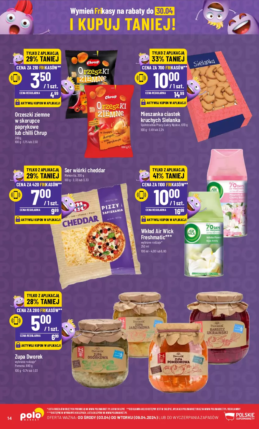 Gazetka promocyjna PoloMarket - Gazetka pomocyjna - ważna 03.04 do 09.04.2024 - strona 14 - produkty: Air Wick, Cheddar, Mleko, Mlekovita, Orzeszki, Orzeszki ziemne, Ser, Stek, Zupa