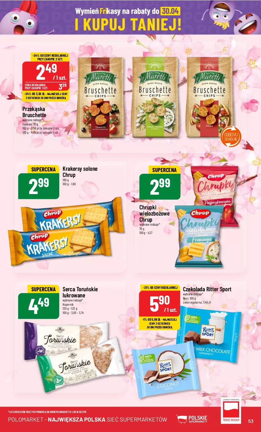 Gazetka promocyjna PoloMarket - Gazetka pomocyjna - ważna 03.04 do 09.04.2024 - strona 53 - produkty: Bruschette, Chrupki, Czekolada, Krakersy, Por, Ritter Sport, Ser, Sport