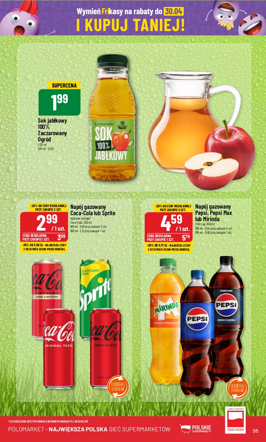 Gazetka promocyjna PoloMarket - Gazetka pomocyjna - ważna 03.04 do 09.04.2024 - strona 55 - produkty: Coca-Cola, Mirinda, Napój, Napój gazowany, Ogród, Pepsi, Pepsi max, Sok, Sok jabłkowy, Sprite