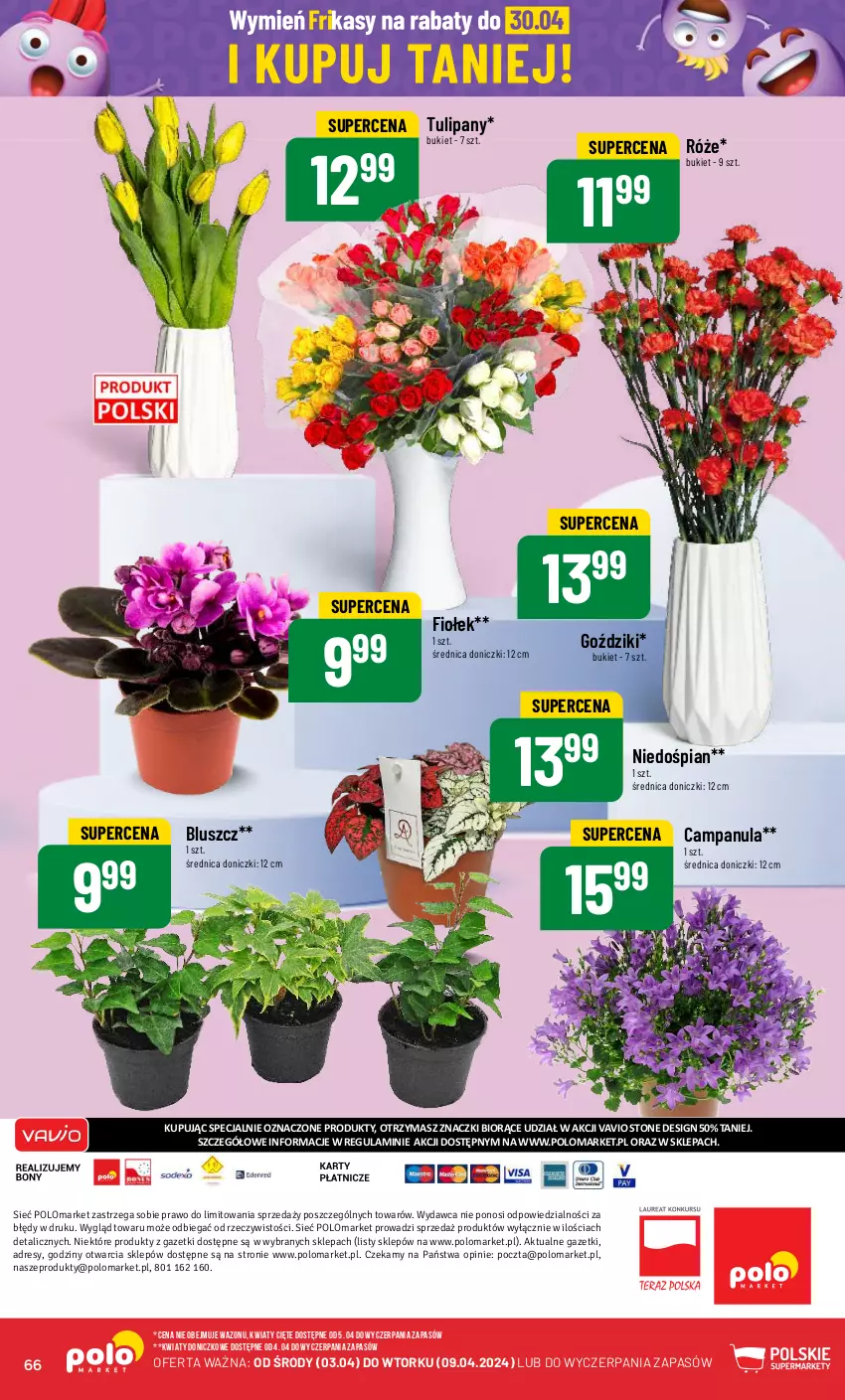 Gazetka promocyjna PoloMarket - Gazetka pomocyjna - ważna 03.04 do 09.04.2024 - strona 66 - produkty: Bukiet, Campanula, Dres, Kwiaty cięte, Tulipan, Wazon