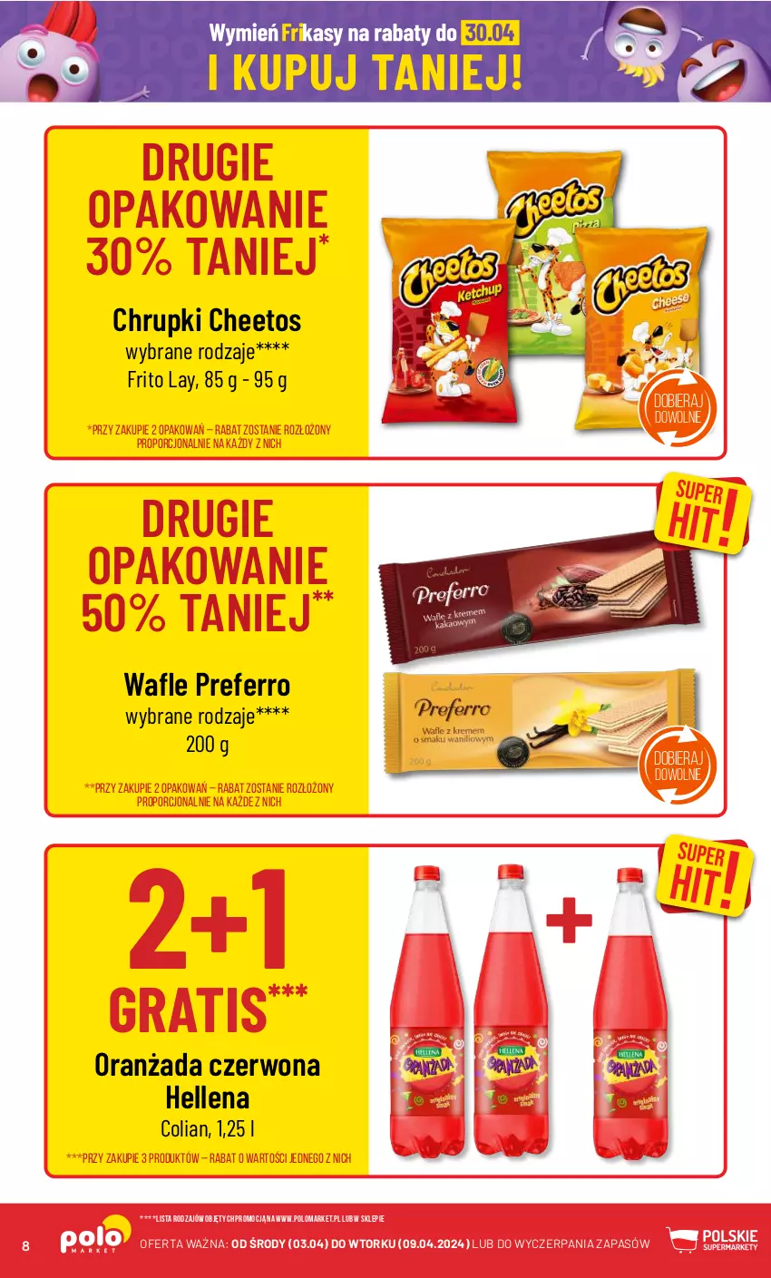 Gazetka promocyjna PoloMarket - Gazetka pomocyjna - ważna 03.04 do 09.04.2024 - strona 8 - produkty: Cheetos, Chrupki, Gra, Hellena, Oranżada, Por, Wafle