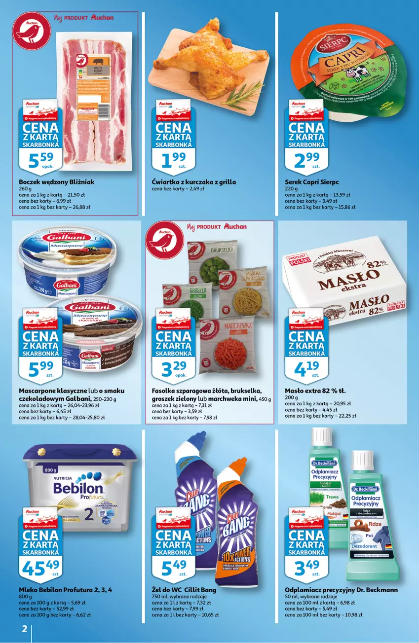 Gazetka promocyjna Auchan - Skarbonka #31 - ważna 05.08 do 11.08.2021 - strona 2 - produkty: Boczek, Brukselka, Cillit Bang, Fa, Galbani, Grill, Groszek, Kurczak, Mascarpone, Masło, Mleko, Mleko Bebilon, Odplamiacz, Por, Ser, Serek