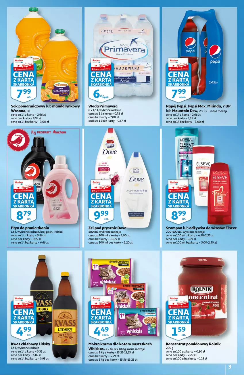 Gazetka promocyjna Auchan - Skarbonka #31 - ważna 05.08 do 11.08.2021 - strona 3 - produkty: Chleb, Dove, Elseve, Koncentrat pomidorowy, LEGO, Mirinda, Mokra karma, Napój, Odżywka, Pepsi, Pepsi max, Płyn do prania, Por, Prima, Primavera, Rolnik, Sok, Sok pomarańczowy, Szampon, Whiskas, Woda, Wosana