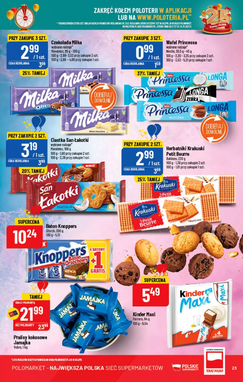 Gazetka promocyjna PoloMarket - Gazetka pomocyjna - ważna 07.09 do 13.09.2022 - strona 23 - produkty: Baton, Ciastka, Czekolada, Herbatniki, Kinder, Knoppers, Kokos, Krakus, Krakuski, Milka, Praliny, Princessa