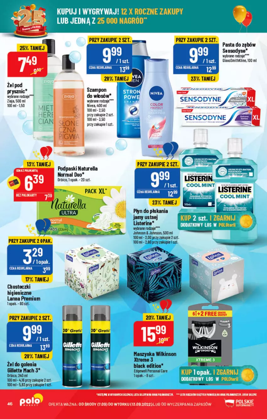 Gazetka promocyjna PoloMarket - Gazetka pomocyjna - ważna 07.09 do 13.09.2022 - strona 46 - produkty: BIC, Chusteczki, Gillette, Gin, Gra, Lack, Listerine, Maszynka, Naturell, Naturella, Pasta do zębów, Płyn do płukania, Płyn do płukania jamy ustnej, Podpaski, Sensodyne, Szynka