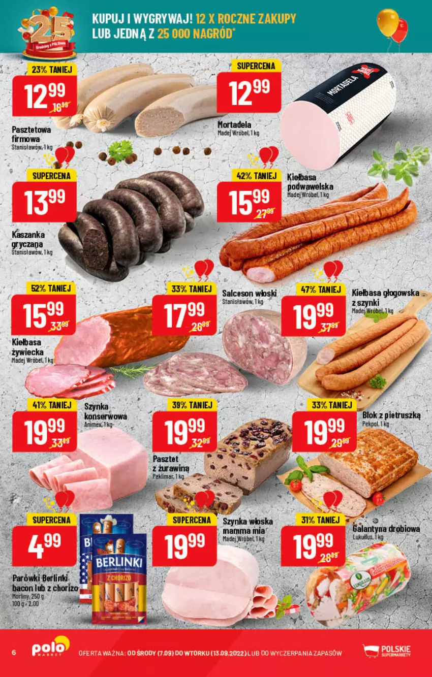 Gazetka promocyjna PoloMarket - Gazetka pomocyjna - ważna 07.09 do 13.09.2022 - strona 6 - produkty: Berlinki, Gry, Kasza, Kaszanka, Kiełbasa, Kiełbasa głogowska, Madej Wróbel, Parówki, Pasztet, Pekpol, Ser, Szynka, Wawel