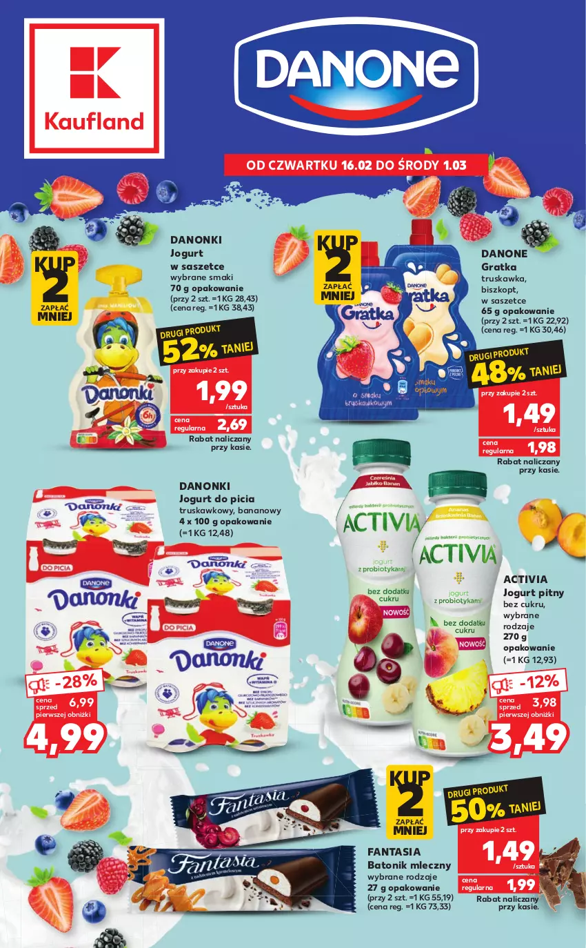 Gazetka promocyjna Kaufland - Oferta ważna od  16.02.2023 do 01.03.2023 lub do wyczerpania zapasów - ważna 16.02 do 01.03.2023 - strona 1 - produkty: Activia, Baton, Danone, Danonki, Fa, Fanta, Gra, Jogurt, Jogurt pitny, Tonik