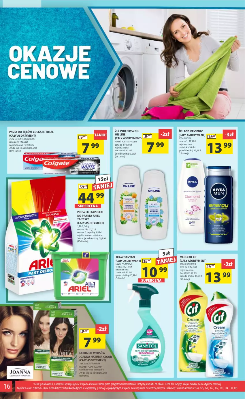 Gazetka promocyjna Arhelan - Gazetka - ważna 08.03 do 17.03.2024 - strona 16 - produkty: Ariel, Cif, Colgate, Colgate Total, Fa, Farba do włosów, Joanna, Kapsułki do prania, LG, Mleczko, Nivea, Palmolive, Pasta do zębów, Rum, Sanytol