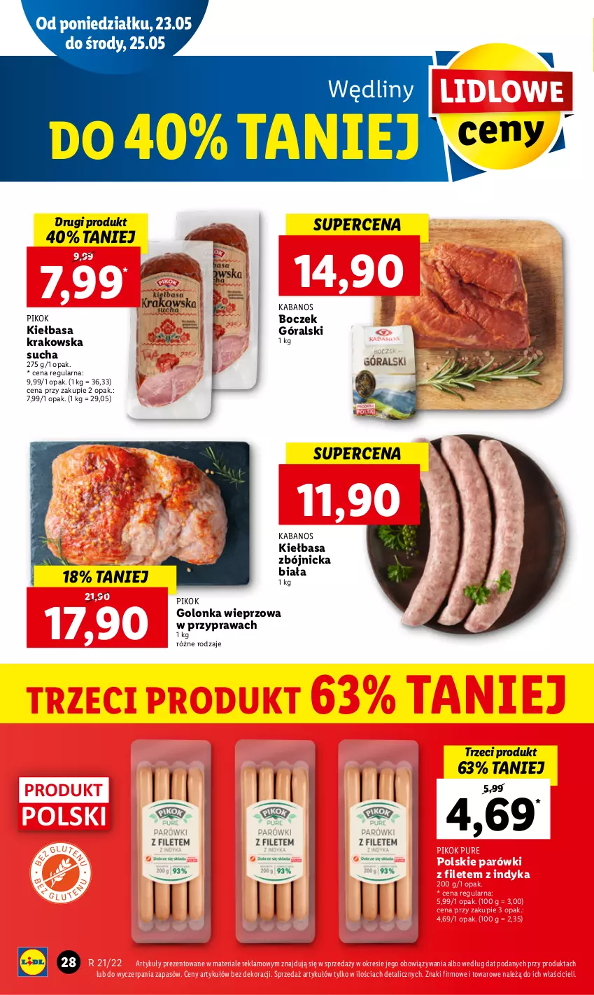 Gazetka promocyjna Lidl - GAZETKA - ważna 23.05 do 25.05.2022 - strona 28 - produkty: Boczek, Golonka wieprzowa, Kabanos, Kiełbasa, Kiełbasa krakowska, Parówki, PIKOK, Pur