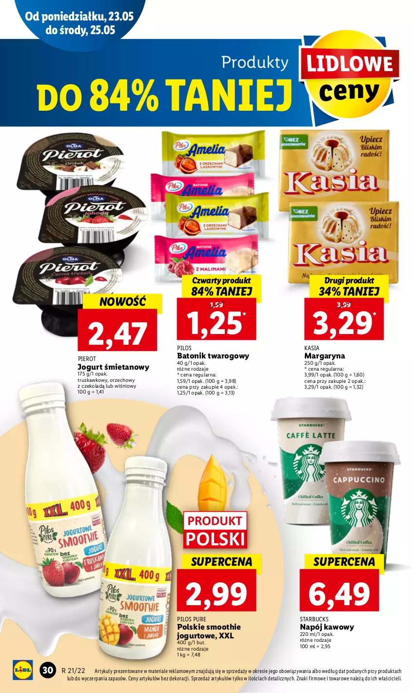 Gazetka promocyjna Lidl - GAZETKA - ważna 23.05 do 25.05.2022 - strona 30 - produkty: Baton, Batonik twarogowy, Jogurt, Kasia, Margaryna, Napój, Pilos, Pur, Smoothie, Tonik