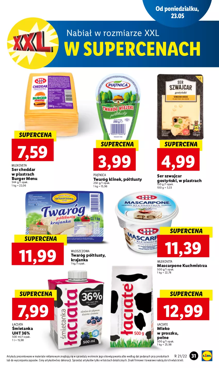 Gazetka promocyjna Lidl - GAZETKA - ważna 23.05 do 25.05.2022 - strona 31 - produkty: Burger, Cheddar, Mascarpone, Mleko, Mleko w proszku, Mlekovita, Piątnica, Ser, Twaróg, Twaróg półtłusty