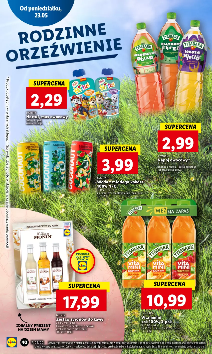 Gazetka promocyjna Lidl - GAZETKA - ważna 23.05 do 25.05.2022 - strona 40 - produkty: Ananas, Arbuz, Hortex, Kokos, Limonka, Melon, Mus, Napój, Sok, Syrop, Tymbark, Woda