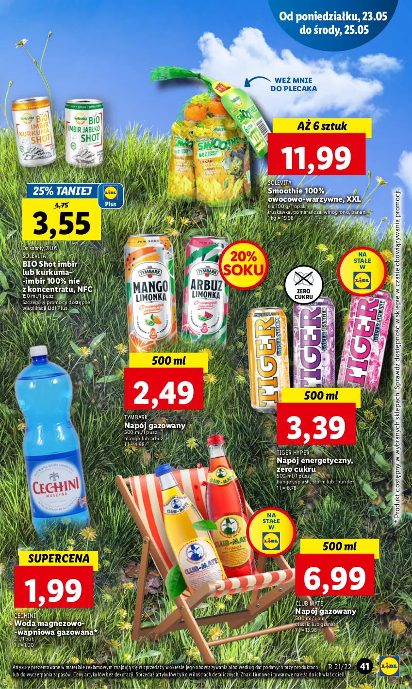 Gazetka promocyjna Lidl - GAZETKA - ważna 23.05 do 25.05.2022 - strona 41 - produkty: Arbuz, Gra, Granat, Imbir, Kurkuma, Magnez, Mango, Napój, Napój energetyczny, Napój gazowany, Plecak, Smoothie, Sok, Tiger, Tymbark, Wino, Woda